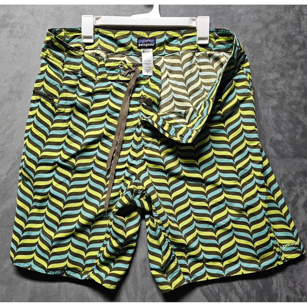 Patagonia Mens 38 Board Shorts Geometric Wavy Lime Green Teal Brown Swim Trunks